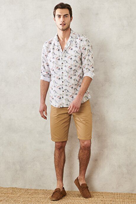 Slim Fit Narrow Cut Dobby 100% Cotton Casual Camel Chino Shorts 4A0222200007CML