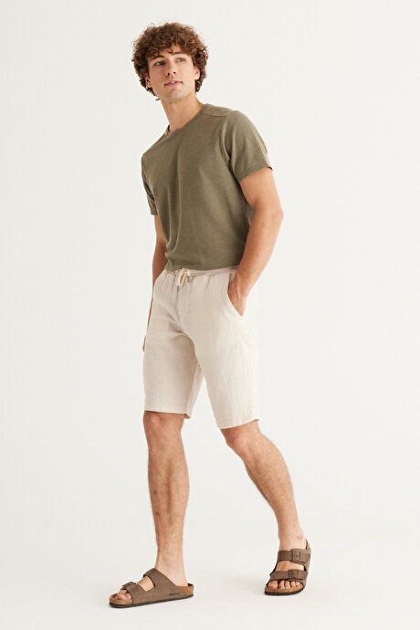 Slim Fit Slim Fit Side Pockets 100% Cotton Muslin Patterned Beige Shorts 4A0223200005BEJ