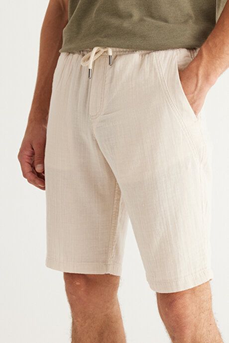 Slim Fit Slim Fit Side Pockets 100% Cotton Muslin Patterned Beige Shorts 4A0223200005BEJ