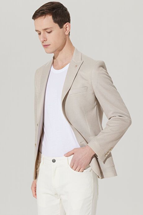 Slim Fit Slim Fit Swallow Neck Cotton Patterned Beige Jacket 4A0423200007BEJ