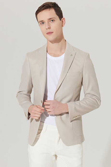 Slim Fit Slim Fit Swallow Neck Cotton Patterned Beige Jacket 4A0423200007BEJ