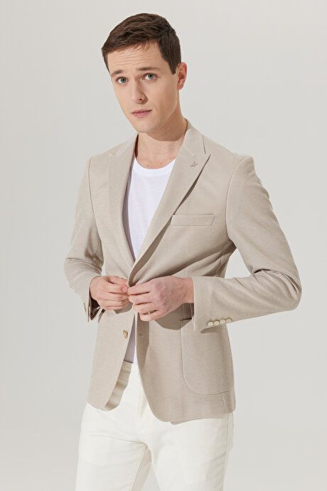 Slim Fit Slim Fit Swallow Neck Cotton Patterned Beige Jacket 4A0423200007BEJ