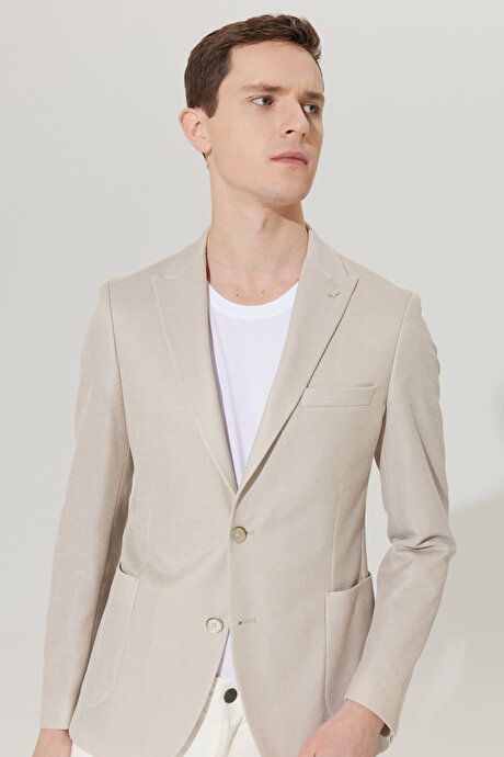 Slim Fit Slim Fit Swallow Neck Cotton Patterned Beige Jacket 4A0423200007BEJ