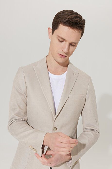 Slim Fit Slim Fit Swallow Neck Cotton Patterned Beige Jacket 4A0423200007BEJ