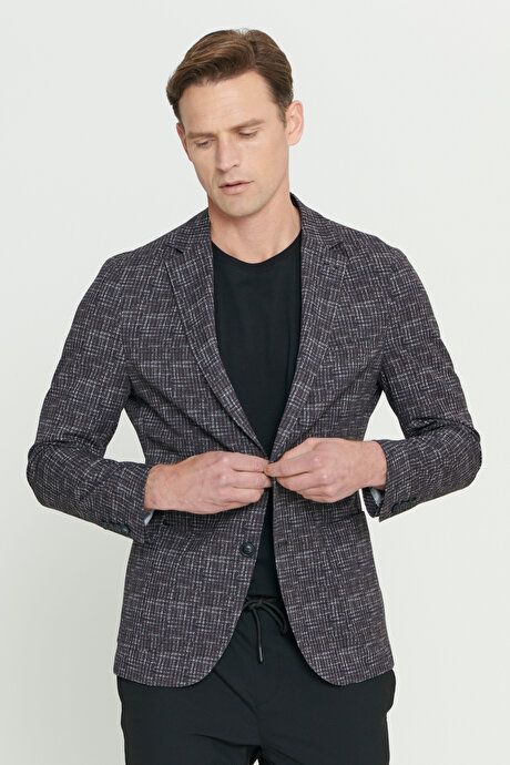 Slim Fit Slim Fit Mono Collar Houndstooth Patterned Burgundy Jacket 4A0423200014BRD