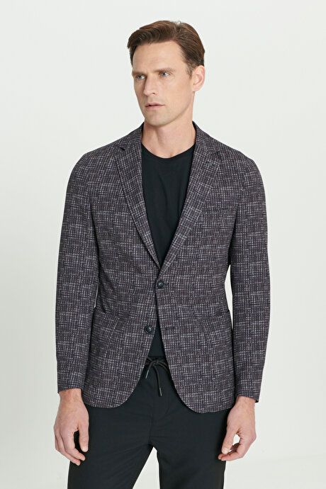 Slim Fit Slim Fit Mono Collar Houndstooth Patterned Burgundy Jacket 4A0423200014BRD