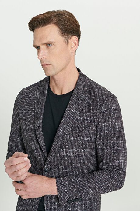 Slim Fit Slim Fit Mono Collar Houndstooth Patterned Burgundy Jacket 4A0423200014BRD