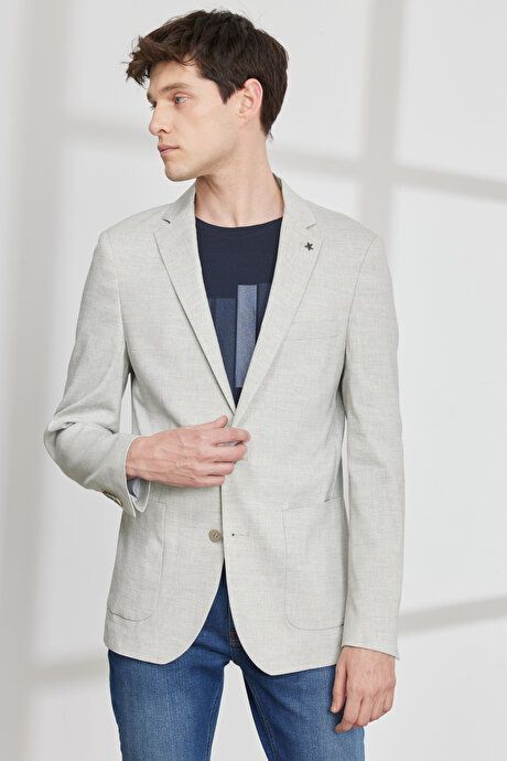 Linen Slim Fit Slim Fit Mono Collar Pocket Patterned Magic Gray Jacket 4A0423200029GRI