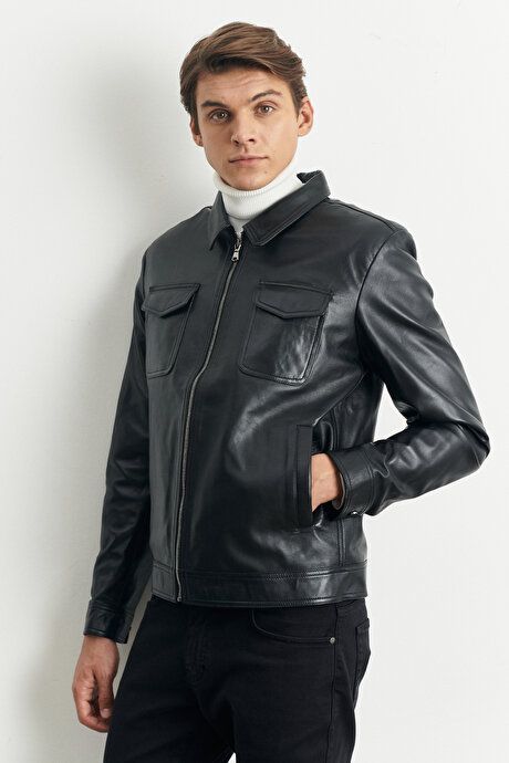 Standard Fit Regular Fit Bebe Collar 100% Genuine Leather Black Leather Jacket 4A0822200010SYH