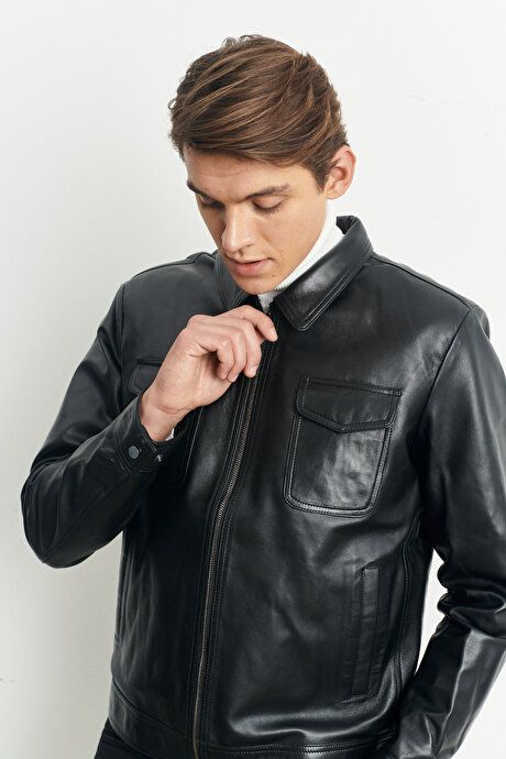 Standard Fit Regular Fit Bebe Collar 100% Genuine Leather Black Leather Jacket 4A0822200010SYH