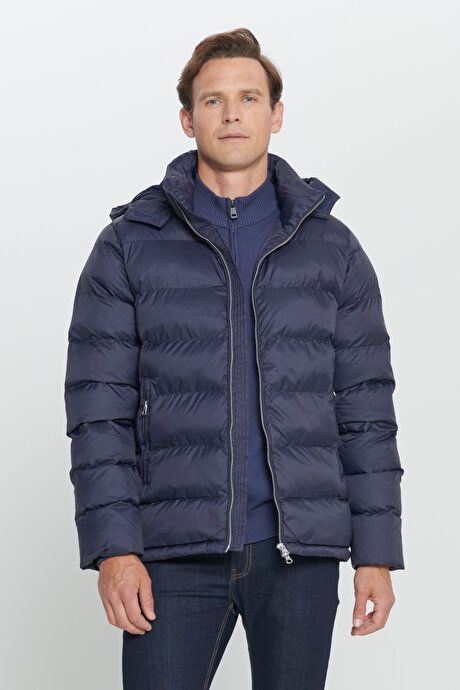 Standard Fit Regular Fit Hooded Navy Blue Coat 4A0824100018LAC