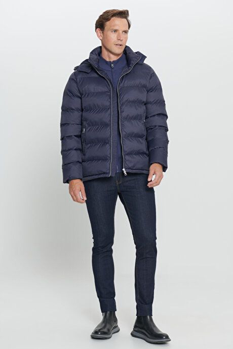 Standard Fit Regular Fit Hooded Navy Blue Coat 4A0824100018LAC