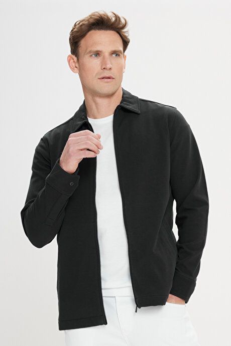 Standard Fit Regular Fit Shirt Collar Pocket Black Coat 4A0824200003SYH