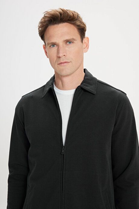 Standard Fit Regular Fit Shirt Collar Pocket Black Coat 4A0824200003SYH