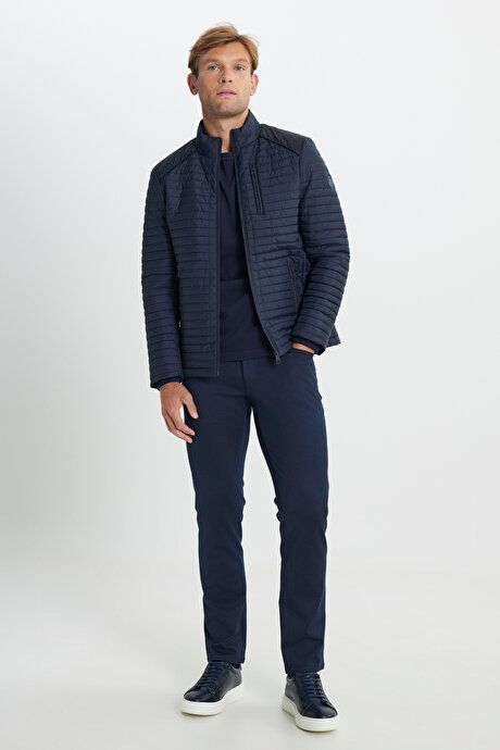 Standard Fit Regular Fit Quilted Patterned Stand Collar Zippered Side Pocket Inflatable Navy Blue Coat 4A0825100001LAC