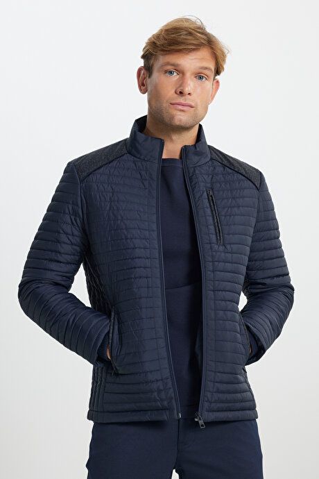 Standard Fit Regular Fit Quilted Patterned Stand Collar Zippered Side Pocket Inflatable Navy Blue Coat 4A0825100001LAC