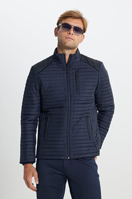 Standard Fit Regular Fit Quilted Patterned Stand Collar Zippered Side Pocket Inflatable Navy Blue Coat 4A0825100001LAC