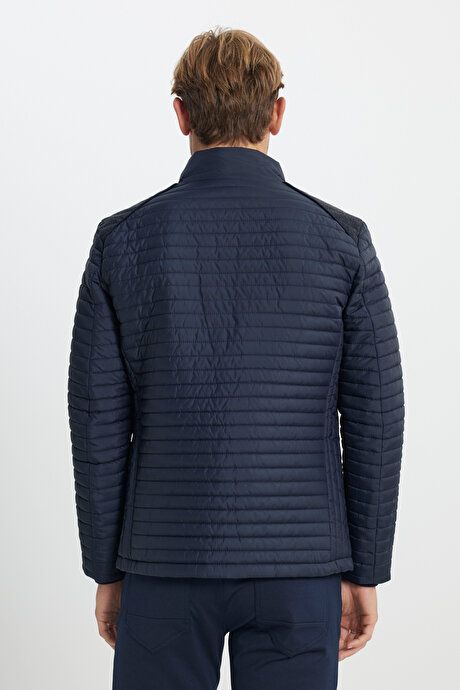 Standard Fit Regular Fit Quilted Patterned Stand Collar Zippered Side Pocket Inflatable Navy Blue Coat 4A0825100001LAC