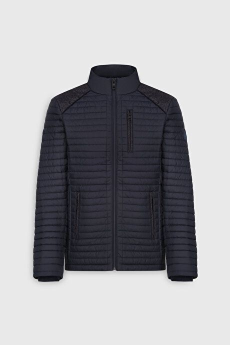 Standard Fit Regular Fit Quilted Patterned Stand Collar Zippered Side Pocket Inflatable Navy Blue Coat 4A0825100001LAC