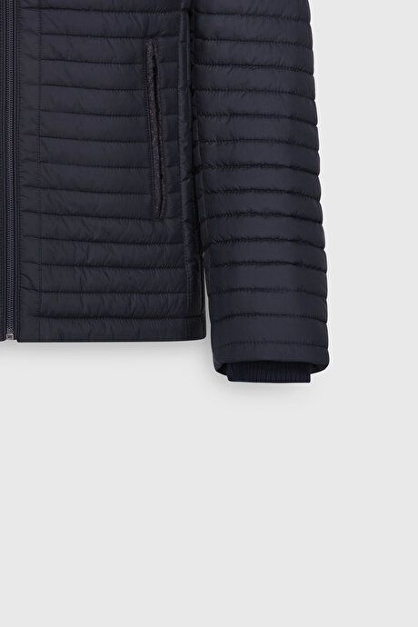 Standard Fit Regular Fit Quilted Patterned Stand Collar Zippered Side Pocket Inflatable Navy Blue Coat 4A0825100001LAC