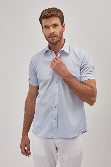 Comfort Fit Relaxed Fit Classic Collar Cotton Short Sleeve Basic Light Blue Shirt 4A2000000005amv