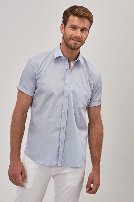 Comfort Fit Relaxed Fit Classic Collar Cotton Short Sleeve Basic Light Blue Shirt 4A2000000005amv