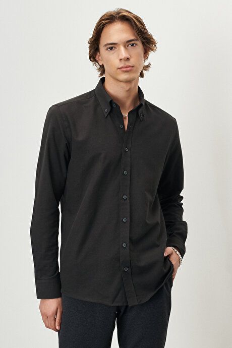 Slim Fit Slim Fit Button-down Collar Cotton Oxford Black Shirt 4A2000000050SYH