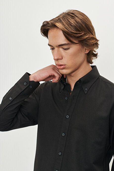 Slim Fit Slim Fit Button-down Collar Cotton Oxford Black Shirt 4A2000000050SYH