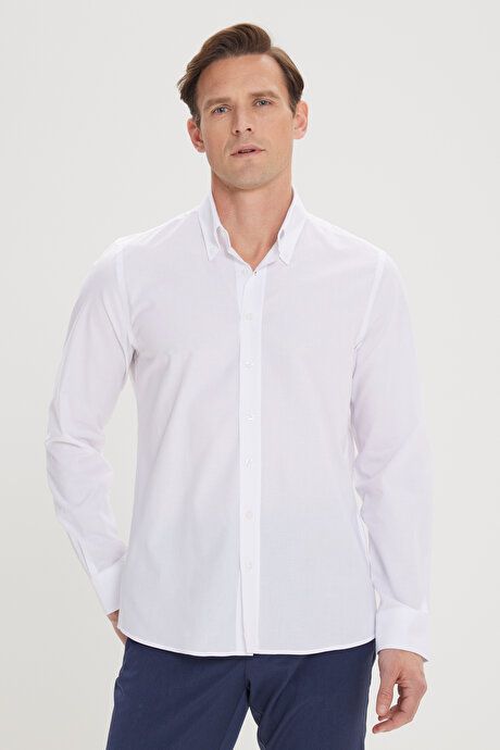 Slim Fit Slim Fit 100% Cotton Button-down Collar Oxford White Shirt 4A2000000051BYZ