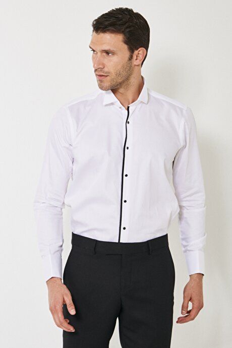 Slim Fit Slim Fit 100% Cotton White-Black Shirt 4A2020000005BYS