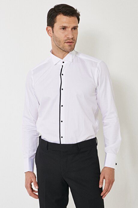 Slim Fit Slim Fit 100% Cotton White-Black Shirt 4A2020000005BYS