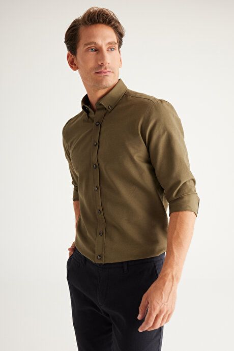 Button-down Collar Easy Iron Cotton Slim Fit Slim Fit Oxford Khaki Shirt 4A2021100103HAK