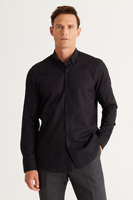 100% Cotton Flamed Oxford Slim Fit Slim Fit Button Down Collar Black Shirt 4A2021200056SYH