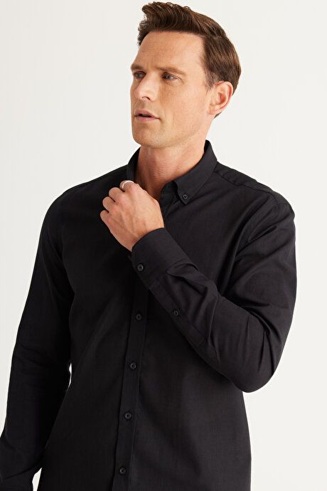 100% Cotton Flamed Oxford Slim Fit Slim Fit Button Down Collar Black Shirt 4A2021200056SYH