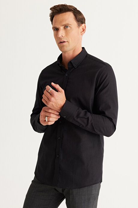 100% Cotton Flamed Oxford Slim Fit Slim Fit Button Down Collar Black Shirt 4A2021200056SYH