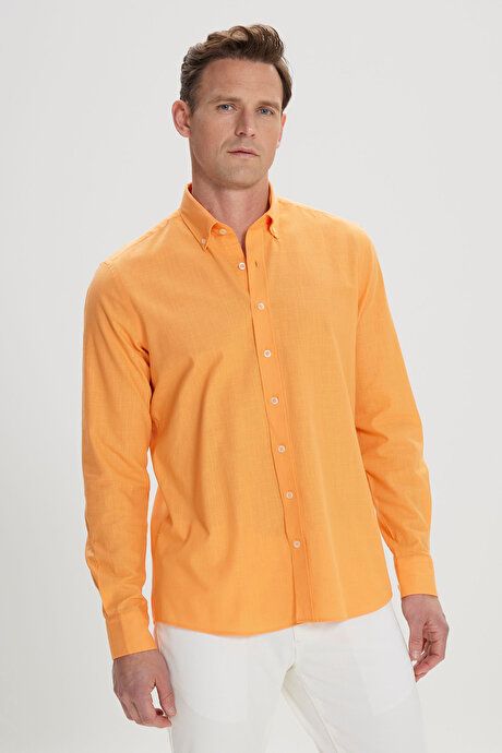 100% Cotton Flamed Oxford Slim Fit Slim Fit Button Down Collar Orange Shirt 4A2021200056TRN