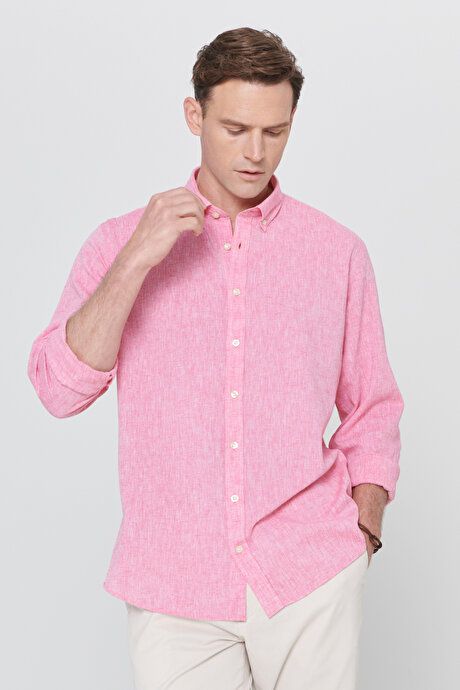 Comfort Fit Relaxed Fit Button-down Collar Casual Linen Fuchsia Shirt 4A2022200085FUS