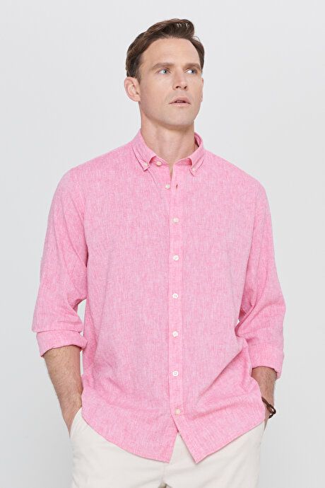 Comfort Fit Relaxed Fit Button-down Collar Casual Linen Fuchsia Shirt 4A2022200085FUS