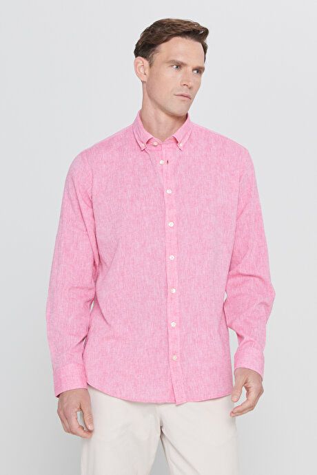 Comfort Fit Relaxed Fit Button-down Collar Casual Linen Fuchsia Shirt 4A2022200085FUS