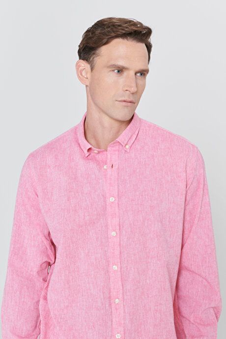 Comfort Fit Relaxed Fit Button-down Collar Casual Linen Fuchsia Shirt 4A2022200085FUS