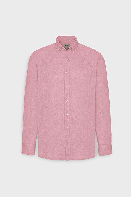 Comfort Fit Relaxed Fit Button-down Collar Casual Linen Fuchsia Shirt 4A2022200085FUS