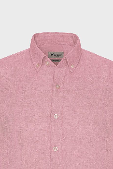 Comfort Fit Relaxed Fit Button-down Collar Casual Linen Fuchsia Shirt 4A2022200085FUS