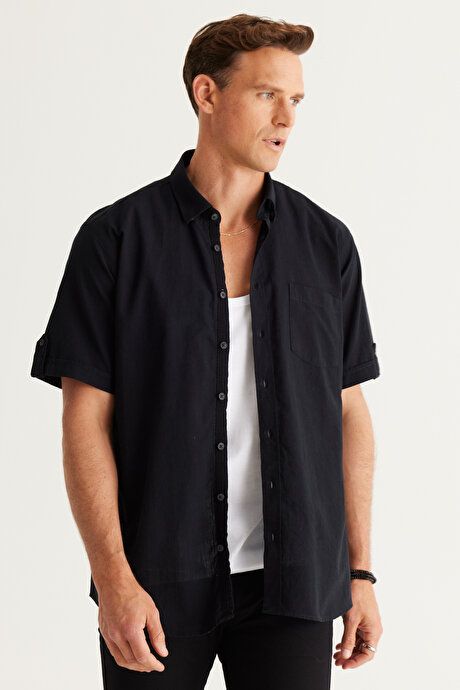 Comfort Fit Relaxed Fit Hidden Button Down Collar Linen Look 100% Cotton Flared Black Shirt 4A2022200132SYH