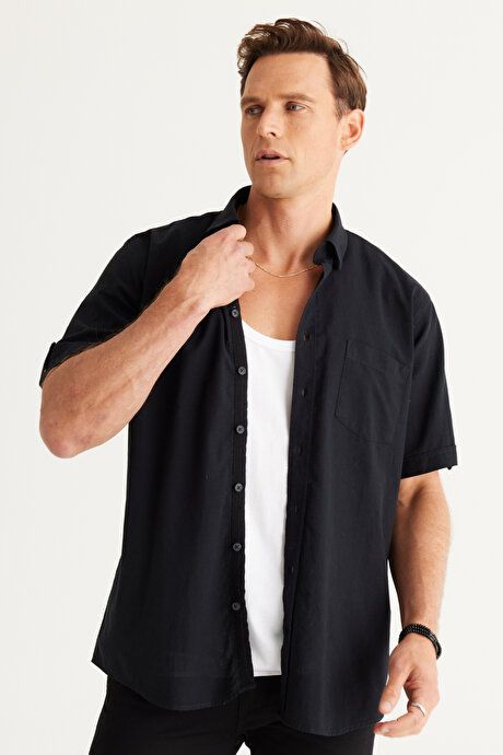 Comfort Fit Relaxed Fit Hidden Button Down Collar Linen Look 100% Cotton Flared Black Shirt 4A2022200132SYH