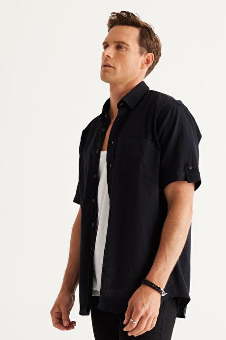 Comfort Fit Relaxed Fit Hidden Button Down Collar Linen Look 100% Cotton Flared Black Shirt 4A2022200132SYH