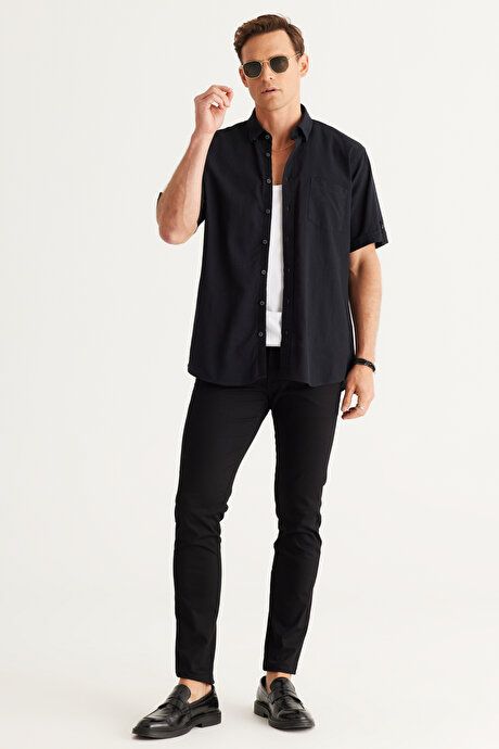 Comfort Fit Relaxed Fit Hidden Button Down Collar Linen Look 100% Cotton Flared Black Shirt 4A2022200132SYH