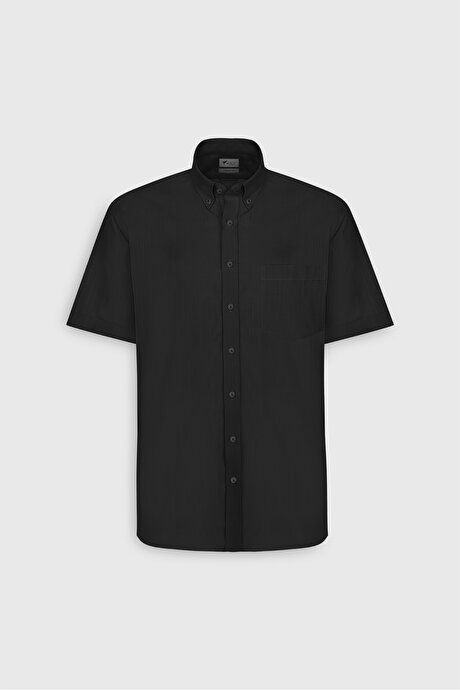 Comfort Fit Relaxed Fit Hidden Button Down Collar Linen Look 100% Cotton Flared Black Shirt 4A2022200132SYH