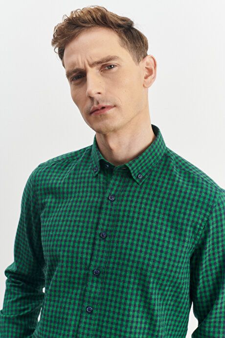 Slim Fit Slim Fit Button-down Collar Gingham Flannel Orange Green-Navy Shirt 4A2023100022YLL