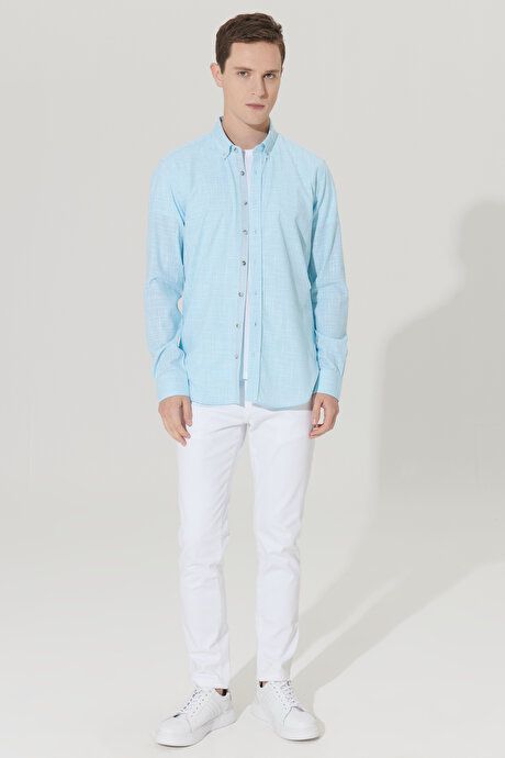 Slim Fit Slim Fit Button-down Collar Linen Look 100% Cotton Flared Turquoise Shirt 4A2023200006TRK