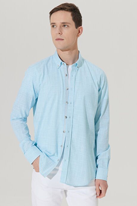 Slim Fit Slim Fit Button-down Collar Linen Look 100% Cotton Flared Turquoise Shirt 4A2023200006TRK